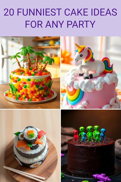 Get ready to bring laughter and creativity to your celebrations with these 20 hilarious cake ideas! From the wobbly Jellybean Jungle to the silly Rainbow Unicorn Fart Fondant, these goofy cakes are sure to shine at your next birthday party, family dinner, or casual get-together. Imagine the smiles when crunchy Crazy Sushi Stack Cake and funny Alien Invasion Chocolate Delight show up on the dessert table. With fun flavor pairs and plenty of colorful frosting, these cakes will make your gatherings memorable. Baking any of these ideas will not only be rewarding but also a joy, setting the perfect tone for fun celebrations. Get your baking ingredients and have a blast mixing flavors and laughter! Cute Decorated Cakes, Indian Birthday Cake, Small Cakes Ideas Birthdays, Diy Birthday Cake Ideas, Fun Birthday Cakes, Sushi Stack, Creative Cake Ideas, Goofy Cake, Stack Cake