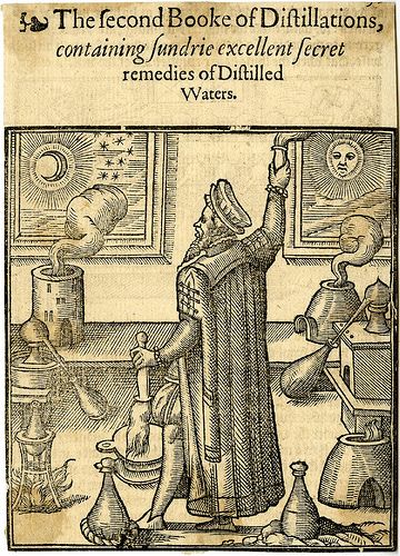 The second Booke of Distillations 1599. Containing Sundrie excellent Secret remedies of "Distilled Waters". Anonymous Woodcut. Earth School, Woodcut Illustration, Esoteric Art, Magical Things, Medieval Manuscript, E Mc2, Mystical Art, Title Page, Rare Books