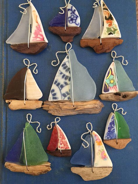 Sea glass China Driftwood Sailboat Necklace Driftwood Sailboat, Sailboat Necklace, Sea Glass Projects, Seashell Christmas, Sea Glass Ideas, Beach Glass Crafts, Seaglass Art, Driftwood Projects, Beach Glass Art