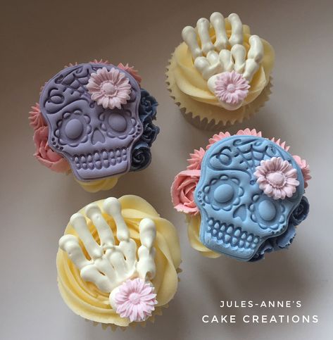 Pastel Mexican Halloween Cupcakes ..with beautiful buttercream , handmade chocolate skeleton hands & Day of the Dead Skulls , all with a surprise yummy centre🤗 By Jules-Anne’s Cake Creations Day Of The Dead Cupcakes, Mexican Halloween, Day Of The Dead Party, Halloween Treat Boxes, Fall Cupcakes, S Cake, Day Of The Dead Skull, Halloween 4, Autumn Magic