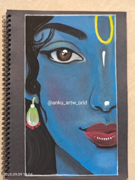 Krishna Ji Easy Painting, Krishna God Drawing, The End Design For Project, Radha Krishna Aesthetic Sketch, Krishna Half Face Painting, Krishna Ji Oil Pastel Drawing, Easy Painting Of Krishna, Krishn Drawings Easy, Radha Krishna Half Face Drawing