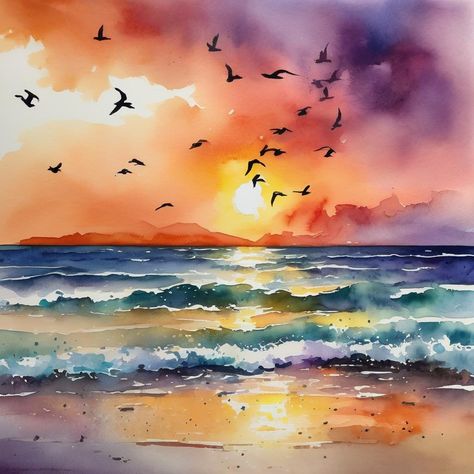 Sunrise, watercolor Watercolor Art Sunrise, Sunrise Watercolor Painting, Watercolor Sunrise Easy, Watercolor Sunrise Tutorial, Sunrise Watercolor Painting Sky, Watercolor Clouds Sunset, Sunset Over Water Watercolor, Summer Classes, Sunrise Painting