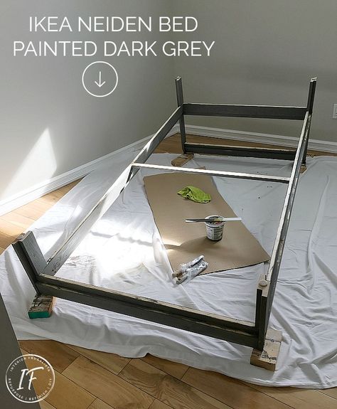 Ikea Neiden Pine Twin Bed Painted Grey Neiden Bed Frame Hack Kids, Ikea Neiden Bed Hack, Neiden Bed Frame Hack, Ikea Neiden Bed, Neiden Bed, Kids Wall Art Ideas, Repurposed Mirror Frame, Bed Frame Hack, Twin Beds For Boys