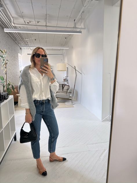 Five Pieces: Five Different Outfits | Brooklyn Blonde Brooklyn Blonde, Wardrobe Pieces, White Button Down, Black Trousers, Grey Cardigan, Different Outfits, Style Ideas, Black Pants, Blue Jeans