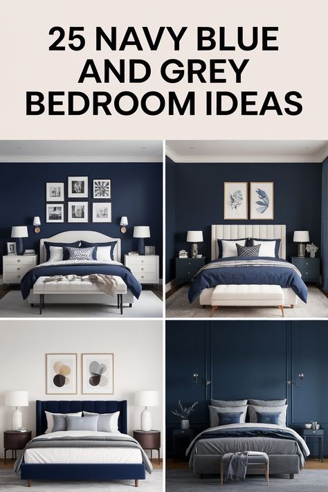 Navy blue and grey create a serene, sophisticated bedroom atmosphere. Whether you prefer modern, traditional, or eclectic, these versatile hues can be incorporated in countless ways. Explore 25 dreamy navy blue and grey bedroom ideas, from bold accents to subtle touches, and find inspiration for your own space. Bedroom Color Schemes Navy Blue, Navy And Grey Bedrooms, Bedroom Navy Headboard, Farmhouse Navy Bedroom, Bedroom With Navy Bedding, Navy Primary Bedroom, Navy Bed Frame Bedroom Ideas, Navy Blue Comforter Bedroom Ideas, Navy Blue Guest Bedroom