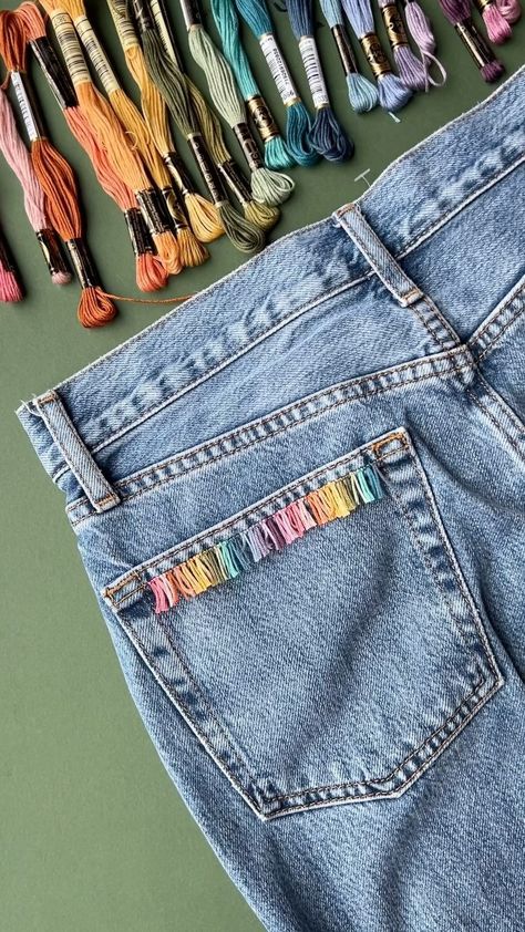 Please Read - How fun is this fringe! I’ve used new threads but this would be such a fun way to use up thread trimmings too! I wasn’t sure… | Instagram Crochet A Butterfly, Astros Jacket, Embroidery Jeans Diy, Loose Clothes, Clothes Embroidery Diy, Diy Vetement, Diy Embroidery Patterns, Pola Sulam, Denim Crafts