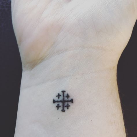 Jerusalem Cross #razzouktattoo Simple Catholic Tattoos, Coptic Cross Tattoo, Jewish Star Tattoo, Catholic Tattoos For Women, Cross Wrist Tattoo, Holy Tattoos, Croatian Tattoo, Cross Tattoo On Wrist, Catholic Tattoos