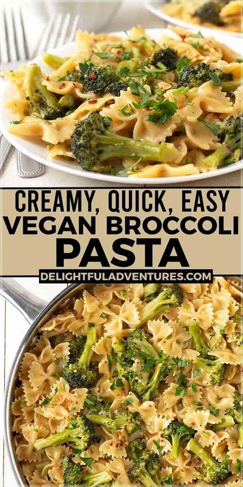 A creamy, quick, and easy vegan broccoli pasta dish you can have ready and on the table in just 30-minutes! It can be made with regular or gluten-free pasta and it's all made in one pot. This simple, delicious vegan dinner idea is a great one to add to your list of vegan recipes to make for dinner this week! Vegan Quick Dinner Recipes, Non Dairy Vegan Recipes, Easy Vegan Supper Ideas, Vegan Creamy Broccoli Pasta, Broccoli Dinner Recipes Vegetarian, Veggie One Pot Meals, Vegetarian Dairy Free Recipes Dinner, Easy Quick Gluten Free Dinner, Simple Vegan Lunch Ideas