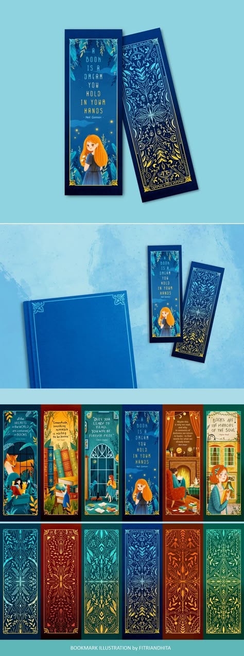 Bookmark designs with the theme of dreams and fairy tales. Each bookmark has a two-sided illustration. The main side shows the character and the quote, and the reverse side is an ornamental pattern that's unique for each bookmark. Designed by Fitriandhita. Bookmark Illustration, Best Illustration, Book Illustration Layout, Bookmark Designs, Ornamental Pattern, Graphic Arts Illustration, Unique Bookmark, Leaflet Design, Diy Iphone Case