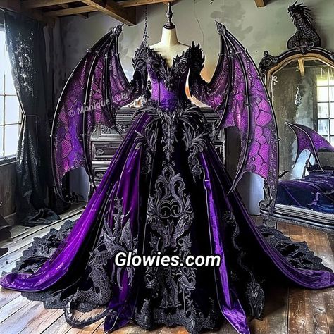 Black And Purple Goth Outfit, Adventure Dresses, Drag Queen Outfits Ideas, Purple Gothic Dress, Lilac Wedding Dress, Black Purple Dress, Black And Purple Dress, Villain Dresses, Fantasy Ball