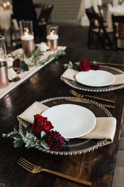 Rose Gold And Dark Wine Wedding, Winter Wedding Burgundy And Gold, Sage Red Wedding, Birthday Place Settings, Cabernet And Champagne Wedding Colors, Winter Burgundy Wedding, Burgundy Christmas Wedding, Christmas Wedding Place Settings, Winter Wedding Place Settings