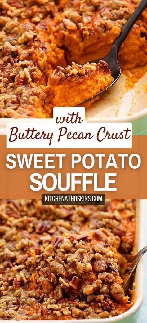 Learn how to make the best sweet potato souffle recipe with pecan topping and is made without marshmallows. This easy casserole is ideal side dish for Thanksgiving, Christmas or the holidays and is one the best sweet potato recipes for fall. Get the creamy sweet potato souffle at kitchenathoskins.com. Sweet Potato Casserole Strudel, Southern Sweet Potato Souffle Recipes, Sweet Potato Souffle Recipes Easy, Sweet Potato Delight Recipe, Topping For Sweet Potato Casserole, Sweet Potato Puree Recipes, Sweet Potato Souffle Recipes, Potato Delight, Best Sweet Potato Recipes