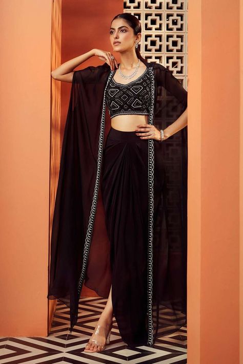 Black Embroidered Cape with Split Sleeves Comes with Embroidered Fitted Blouse and Draped Skirt Black Cocktail Outfit, Work Crystals, Indo Western Outfits For Women, Embroidered Cape, Cute Asian Fashion, Wedding Lehenga Designs, Fitted Blouse, Traditional Indian Dress, Beads Work