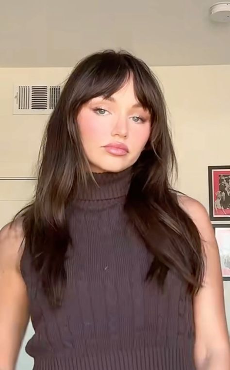 Inspo for your next hair cut | medium hair layers | french bangs | middle part Long Side Bangs Middle Part, Swept Bangs Middle Part, Middle Part French Twist, Center Part Fringe Bangs, French Twist With Bangs, Center Parted Bangs, Twist With Bangs, Medium Hair Layers, Bangs Middle Part