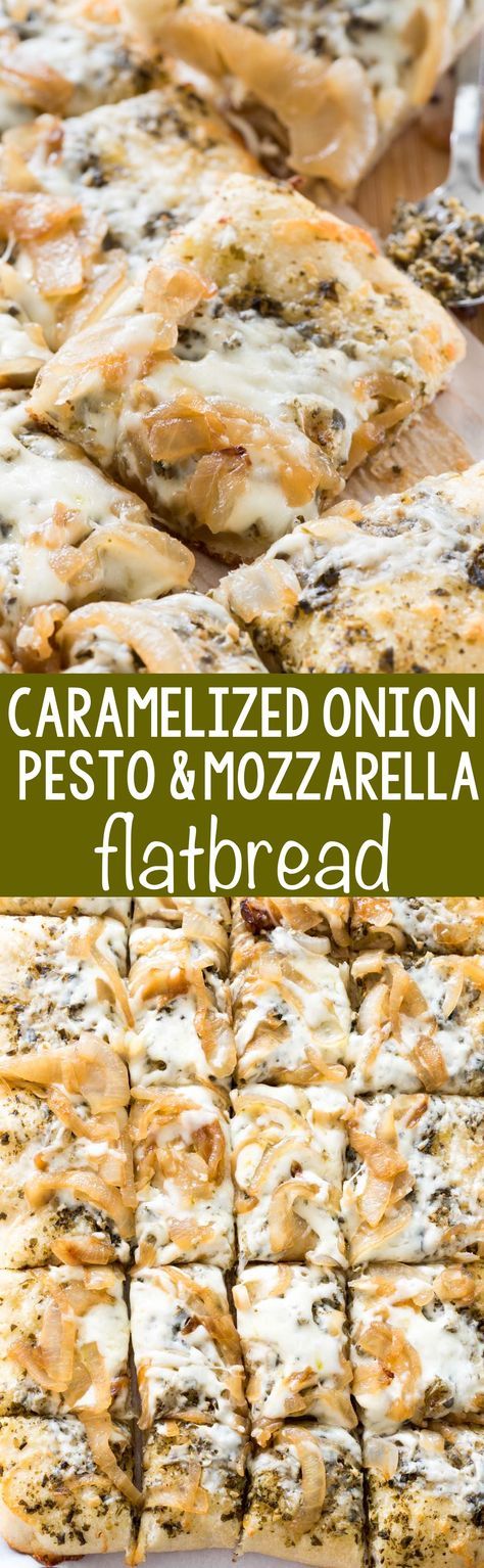 Caramelized Onion & Pesto Flatbread - this EASY 4 ingredient pizza recipe is the perfect appetizer. Pesto, caramelized onions, and mozzarella baked onto a pizza crust - every time I make this people rave about it! Pesto Flatbread Pizza, Pesto Flatbread, Homemade Pizza Crust, Diy Easy Recipes, Pizza Margherita, Flatbread Pizza, Caramelized Onion, Football Food, 4 Ingredient