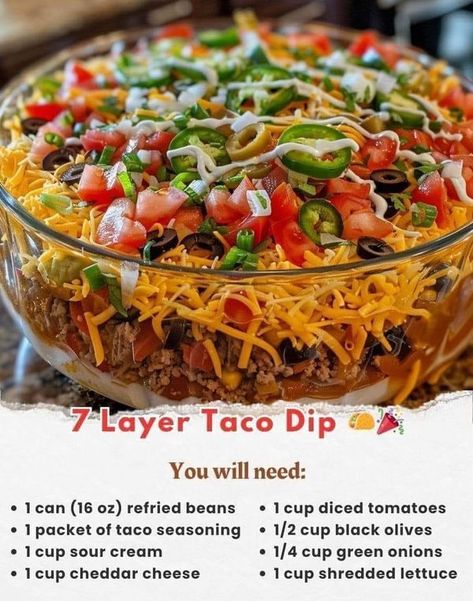 Seven Layer Taco Dip, Layer Taco Dip, 7 Layer Taco Dip, Layered Taco Salads, Taco Dip Recipe, Layered Taco Dip, Martha Stewart Recipes, Ina Garten Recipes, Jamie Oliver Recipes