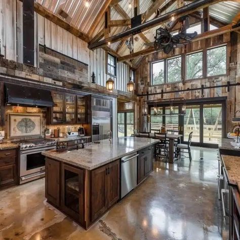 Barndominium Kitchen Ideas Medium Sized Barndominium, Barndominium Indoor Ideas, Big Western Kitchen, Bardominum Kitchen, Barndominium Kitchen Ideas Layout, Barndominium Interior Decor, Barndominium House Interior, Western Barndominium Interior, Rustic Barndominium Ideas Exterior