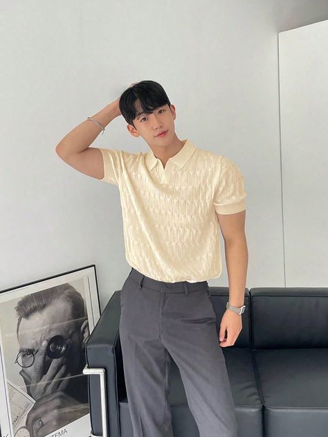 Men's Solid Short Sleeve Knit Top, Spring Summer Khaki   Short Sleeve Fabric   Slight Stretch  Men Clothing, size features are:Bust: ,Length: ,Sleeve Length: Outfit Primavera Hombre, Soft Boy Clothes, Short Sleeve Knit Top, Outfit Primavera, Soft Boy, Knit Tops, Knitwear Men, Men's Knit, Spring Tops