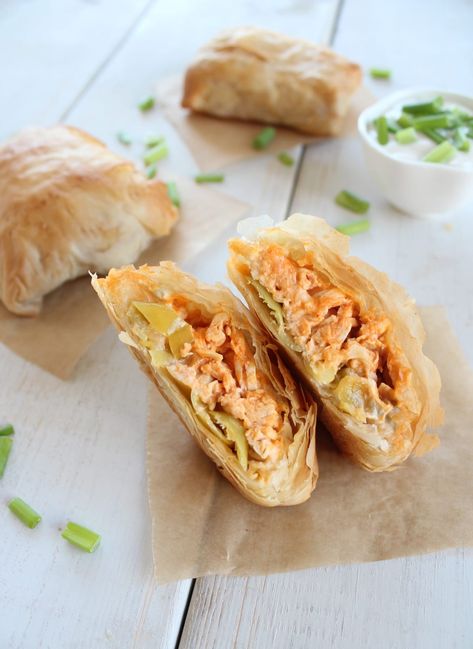 Buffalo Chicken Phyllo Rolls Recipe - WhitneyBond.com Filo Dough Recipes, Chicken Phyllo, Phyllo Rolls, Filo Pastry Recipes, Filo Dough, Phyllo Recipes, Filo Pastry, Dough Recipes, Superbowl Snacks