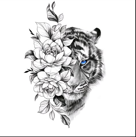 Tiger Roses Tattoo, Tiger Flower Tattoo Design, Snow Tiger Tattoo, Tiger With Blue Eyes Tattoo, White Tiger Tattoo For Women, Rose Tiger Tattoo, Tiger Tattoo For Women Thighs, Feminine Tiger Tattoo For Women, Female Tiger Tattoo