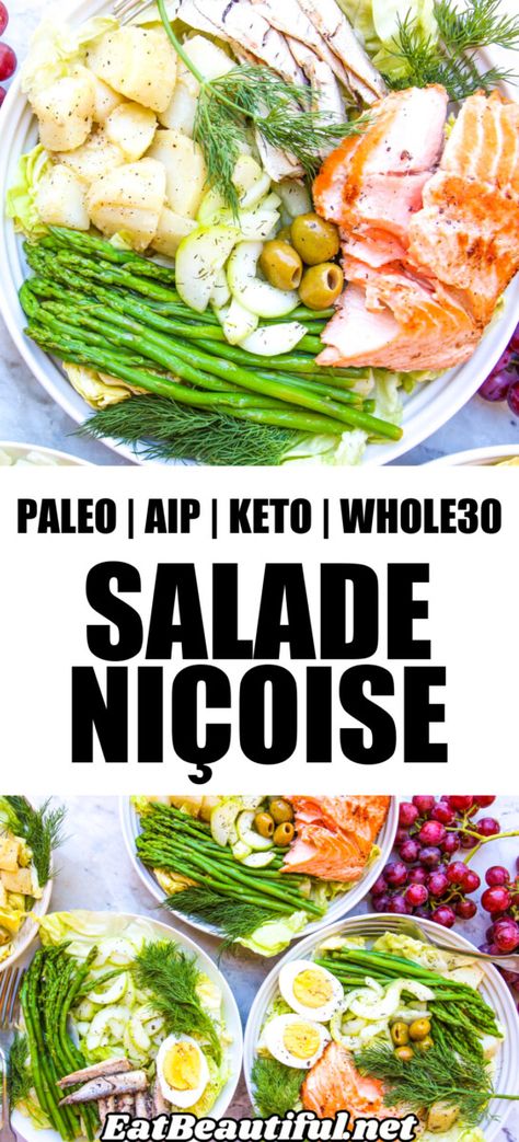 Salade Nicoise is a classic French composed salad that can be made year round but is extra special each summer when produce brims from gardens. This version can be made with the traditional tuna, salmon or baby sardines, which are high in calcium. | Eat Beautiful Recipes | salade nicoise | paleo | keto | aip | gaps diet | whole30 | low carb | salad recipes | salad | composed || #saladenicoise #paleo #keto #aip #whole30 #gapsdiet #salad Aip Salads, Aip Salad, Composed Salad, Carb Salad Recipes, Low Carb Salad Recipes, Salad Protein, Salad Nicoise, Plant Paradox Recipes, Aip Keto