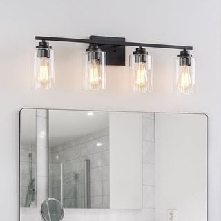 KAWOTI 4 Light Bathroom Vanity Light with Clear Glass Shade - Bed Bath & Beyond - 37174767 Bathroom Light Fixtures Black, Light Fixtures Black, Modern Bathroom Light Fixtures, Modern Vanity Lighting, Black Vanity Light, Modern Bathroom Lighting, Transitional Vanity, Black Vanity, Bathroom Top