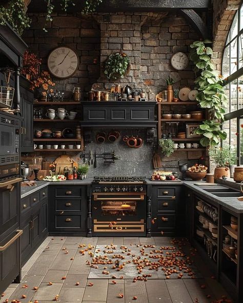 Dark Forest Interior Design, Forest Kitchen Aesthetic, Witch Kitchen Aesthetic, Kitchen Aesthetic Green, Kitchen Witch Aesthetic, Green Kitchen Remodel, Kitchen Design Green, Witch Cottage Interior, Green Kitchen Wallpaper