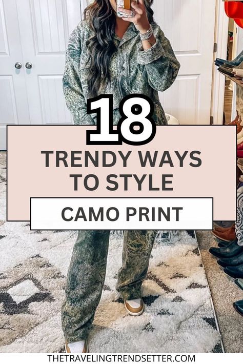 Elevate your Women's Fashion with stylish camo print outfits that blend edge and versatility. This guide shows how to incorporate Women's Style into camo prints for everyday wear, layering with neutrals, adding chic accessories, and balancing bold patterns with casual pieces. Discover fresh ways to rock camo with confidence in every season. Camo Pants Outfit Winter Casual, Women’s Camo Outfit, Camouflage Outfits For Women Classy, Duck Hunting Outfit Women, Camo Cardigan Outfit, Camo Pants Outfit Winter, How To Style Camo Pants, Camo Shirt Outfit, Womens Camo Fashion