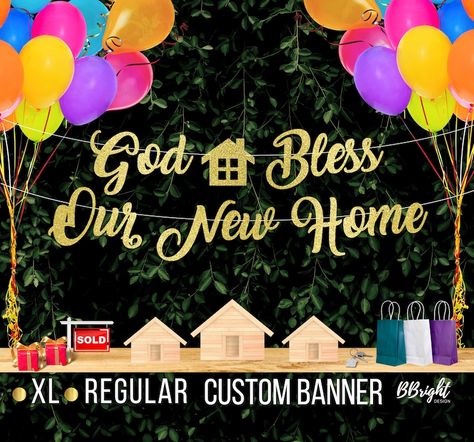 God Bless Our New Home Banner With Home and Key Garland - Etsy India Key Garland, House Blessing, First House, Name Letters, Our New Home, House Art, Housewarming Party, Glitter Gold, Lower Case