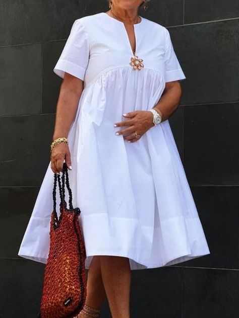 Plus Size Vacation Floral Brooch Loose Plain Midi Dress | stylewe English Gowns, White Plus Size Dresses, Plain Midi Dress, Plus Size Vacation, Stand Collar Dress, White Women Dresses, Loose Mini Dress, Fashion Dresses Formal, Long Fitted Dresses