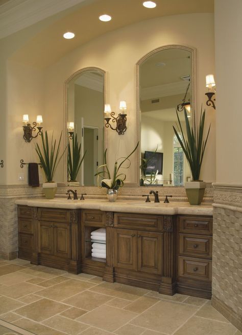 Bathroom with pendant lights on either side of the vanity mirror Room Brown, Double Sinks, Design Mirror, Revere Pewter, Bad Inspiration, Mirror Ideas, Brown Bathroom, Master Bath Remodel, Brown Design