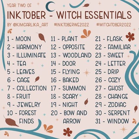 Tober Prompts, Tarot Drawings, Witches Calendar, Prompts Drawing, Witch Essentials, Ink October, Sketchbook Prompts, Inktober Challenge, 30 Day Art Challenge