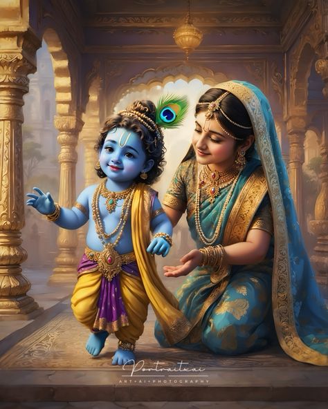 First steps of Krishna ❤️🥰 The Steps of divinity in Dvapara yuga. Beautiful portrait of Krishna & Yashoda Interested in a special portrait for your loved one? Comment below for a unique creation! 💕 . . . #aiart #art #divine #aiportrait #aiportraits #cute #portraitxai #krishna #yashoda #firstepsofkrishna #babykrishna #kalki #lordkrishna #aiposters Krishna Yashoda, Yashoda Krishna, Dussehra Images, Hanuman Pics, Om Shanti Om, Baby Krishna, Return Gifts, Lord Krishna Wallpapers, Radha Krishna Art