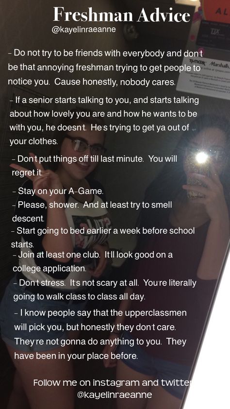 Freshman Advice/Tips By K #backtoschool School Tips Freshman Year, Tips For Upcoming Freshman, Ocoee High School, Advice For High School Freshman, Back To School Highschool Freshman Tips, Goals For 9th Grade, Freshman Picture Ideas, Highschool Tips Freshman First Day, How To Survive High School Freshman Year