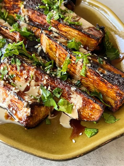 Roasted Eggplant with Miso Tahini - Something Nutritious Eggplant Tahini Recipe, Eggplant And Brussel Sprouts Recipes, Japanese Eggplant Recipe Roasted, Miso Eggplant Recipes, Salmon Eggplant, Recipes With Tahini, Miso Tahini Sauce, Eggplant Dinner, Eggplant Tahini