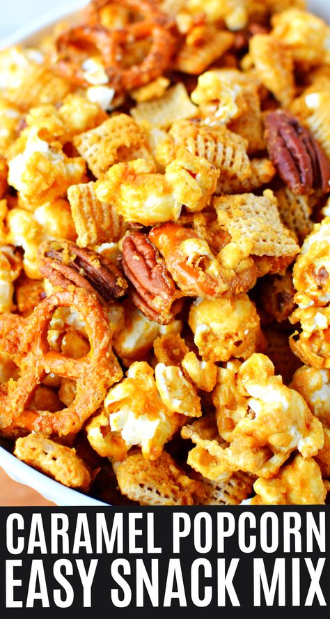 Caramel Popcorn Snack Mix with chex cereal, popcorn, pretzels and homemade caramel sauce! Homemade caramel sauce over fresh popcorn, Chex cereal, and pretzels is a deliciously addicting snack mix that the entire family won't be able to get enough of! #chexmix #popcorn #caramel Popcorn Chex Mix Caramel Corn, Savory Popcorn Snack Mix Recipes, Carmel Cereal Snack, Best Caramel Popcorn Recipe, Popcorn Party Mix Recipes, Caramel Snack Mix Recipes, Chex Mix With Popcorn, Carmel Chex Mix Recipes, Recipes Using Popcorn