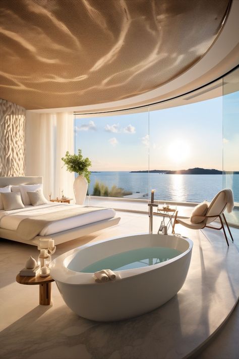 Modern Beach Bedroom, Luxury Vibes, Seaside Apartment, Exotic Homes, Mediterranean Luxury, The Endless Summer, Private Hot Tub, Beach House Living Room, Dream Master