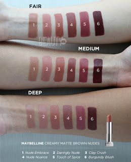 Product Review: Maybelline Creamy Matte Brown Nudes Lipstick Collection - Confessions of a Makeup Junkie Rainy Day Night, Maybelline Nude Nuance, Greige Lipstick, Maybelline Lipstick Swatches, Maybelline Creamy Matte Lipstick, Brown Nude Lipstick, Mac Lipstick Swatches, Maybelline Lipstick, Lip Shades