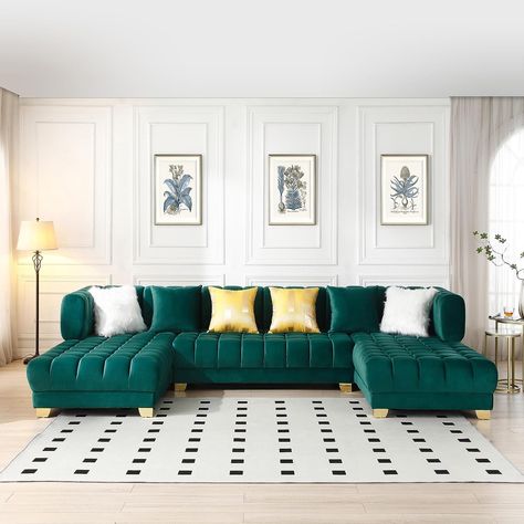 Six Pillows Included for Extra Comfort Gold Legs for a Glamorous Look Double Chaise Sofa, Chaise Sectional Sofa, Gold Sofa, Large Couch, Velvet Sectional, Double Chaise Sectional, Woodpeckers, Green Sofa, Double Chaise