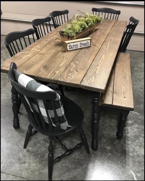 Black Chairs Dining Room Farmhouse Table, 2 Tone Farmhouse Table, Farm Table Black Chairs, Kitchen Table Black Legs Wood Top, Distressed Black Dining Table, Black Distressed Table, Farmhouse Table Black Chairs, Refinished Dining Room Set, Black Farmhouse Dining Table