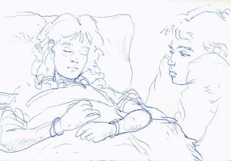 Drawing of a memory sitting with someone sick in bed. Man Sleeping Reference Drawing, Hospital Bed Refrence, Two People Laying In Bed Drawing Reference, Hospital Bed Pose Reference, Person In Bed Drawing Reference, Drawing Sick Person, Sleeping In Bed Drawing Reference, Person Sitting On Bed Drawing, Sitting On Bed Drawing Reference