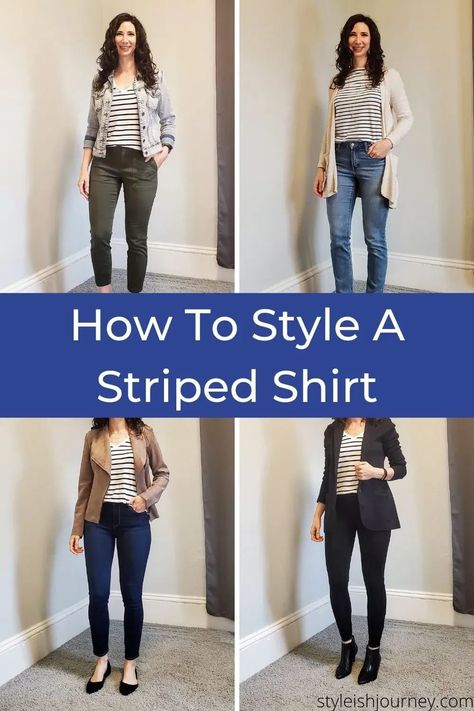 Striped tee outfits for fall. How to style a black and white striped t-shirt for work and for casual. 4 ways to wear a striped shirt. Black And White Striped Shirt With Jeans, How To Style Striped Tshirt, Gray And White Striped Shirt Outfit, White Stripped Shirt Outfit, Black And White Striped Tee Outfit, Stripe Tshirt Outfit Women, Striped Black And White Shirt Outfit, White And Black Striped Shirt Outfit, Black White Striped Shirt Outfit