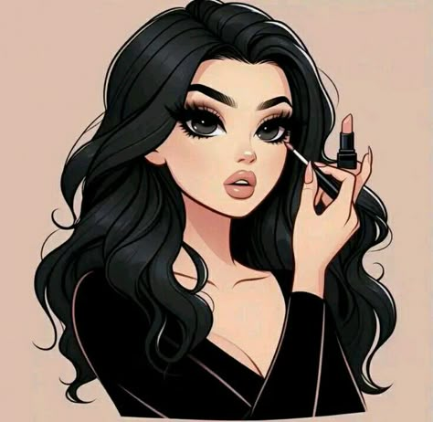 Makeup Cartoon Aesthetic, Makeup Digital Art, Girl Doing Makeup, Makeup Animation, Dress Digital Art, Black Hair Cartoon, Makeup Cartoon, Animation Icon, Drawing Makeup