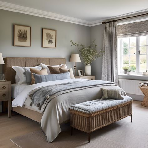 Surrey Family Home  Nestled in the heart of the Surrey countryside, beside a river is this charming home that is synonymous with nature.  Inspired by the blue and grey tones of the riverside location, we incorporated a muted palette that feels both timeless and elegant.  This guest bedroom with its muted palette and layered soft furnishings offers great comfort and nurture - perfect for deep relaxation.  #bedroom #countryhome #countrystyle #elegantinteriors #heritagehomes #rest #deepsleep Classical Home, Muted Palette, Charming Home, Deep Relaxation, Elegant Interiors, Grey Tones, Country Home, Guest Bedroom, Country Style