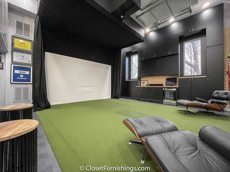 Garage Conversion - Golf Simulator Golf Simulator Garage, Remodeled Attic, Garage Golf Simulator, Golf Screen, Golf Garage, Under Counter Refrigerator, Golf Storage, Counter Refrigerator, Simulator Room