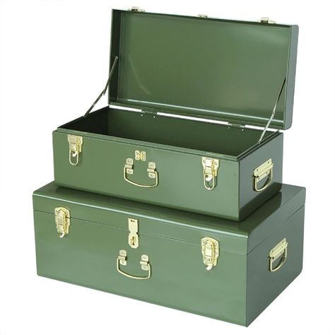 Metal Trunk, Green Storage, Metal Trunks, Metal Storage Box, Suitcase Storage, Trunk Storage, Bedroom Porch, Trunks And Chests, Storage Trunks