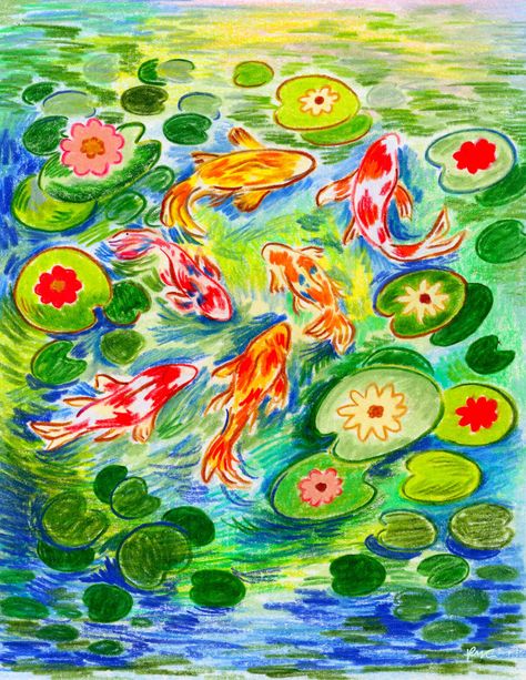 Koi Fish Colored Pencil, Color Pencil Easy Drawing, Yumi In Color, Pen Drawing Color, Oil Pastel And Colored Pencil, Art Ideas Colored Pencils, How To Color Water With Colored Pencils, Posca Pen Drawings, Colorful Fish Drawing