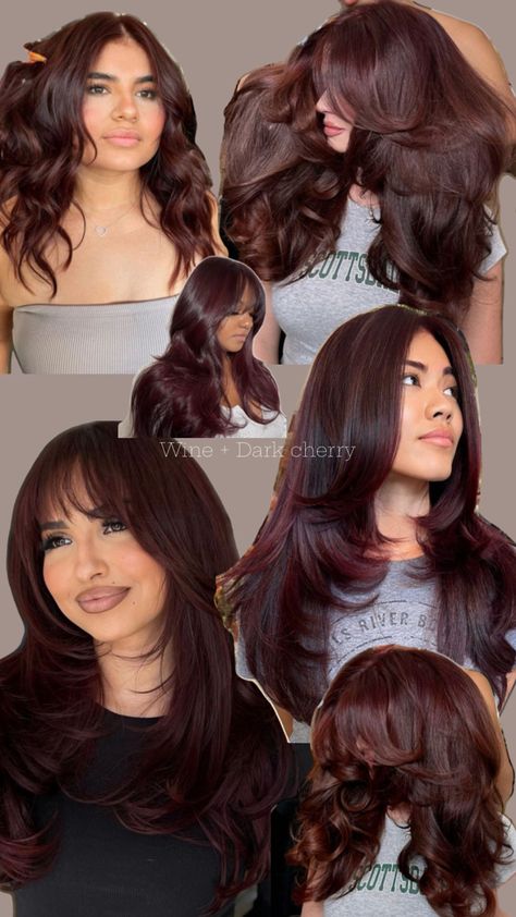 #hair #hairinspo #winehaircolor #darkcherry Cherry Merlot Hair, Different Kinds Of Balayage, Winter Dyed Hair, Cherry Brown Hair On Pale Skin, Dark Red Hair With Shadow Root, Dark Brown With Cherry Highlights, Brown Hair Maroon Highlights, All Over Dark Hair Color, Cool Skin Hair Color Ideas