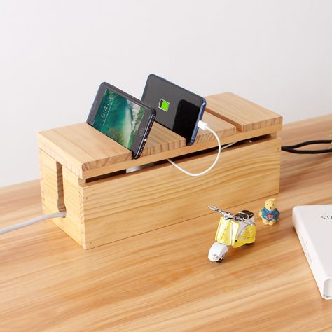 Cable Organizer Box, Wood Phone Holder, Koti Diy, Organizer Office, Wooden Organizer, Hall Interior Design, Cheap Storage, Wood Storage Box, Cable Box