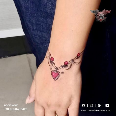 Chain Of Hearts Tattoo, Red Bracelet Tattoo, Charm Bracelet Tattoo For Women, Wrist Bracelet Tattoos For Women Charms, Heart Bracelet Tattoo Wrist, Adjustable Chain Heart Bracelet, Bracelet Tattoos With Names, Hand Heart Tattoo, Jewerly Tattoo